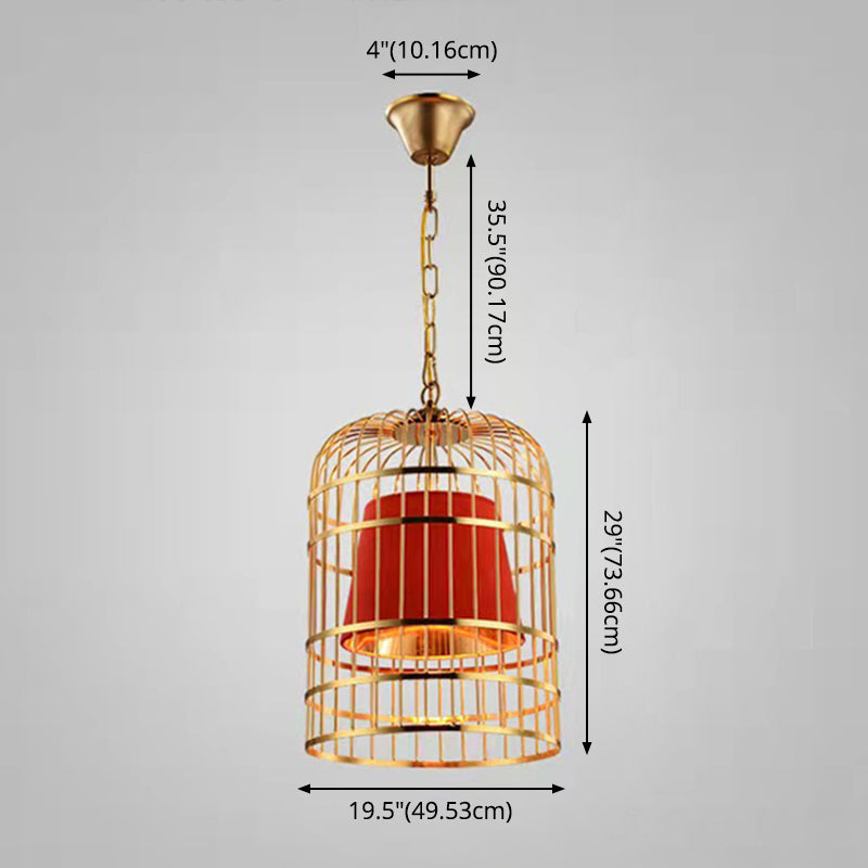 Gold Plated Birdcage Hanging Lamp - Country Metal Ceiling Light with Cone Shade