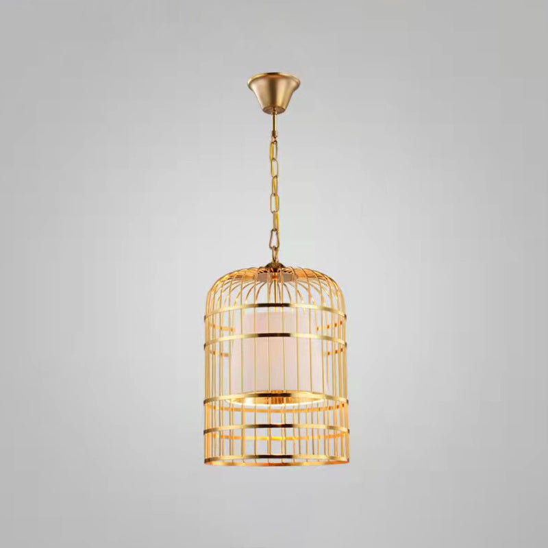 Gold Plated Birdcage Hanging Lamp - Country Metal Ceiling Light with Cone Shade