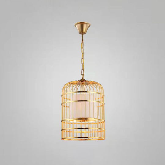 Gold Plated Birdcage Hanging Lamp - Country Metal Ceiling Light with Cone Shade