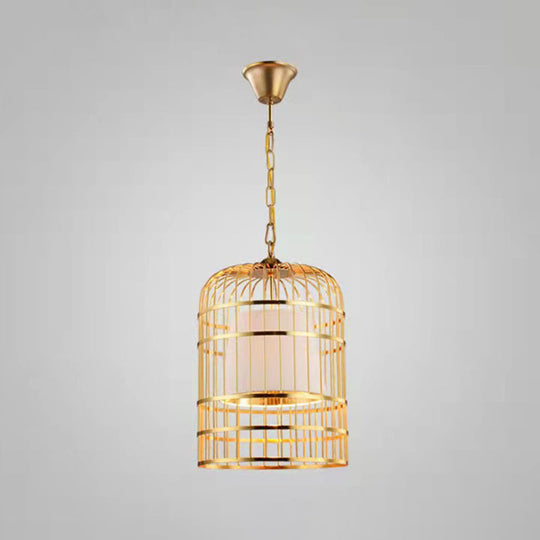 Gold Plated Birdcage Hanging Lamp - Country Metal Ceiling Light with Cone Shade