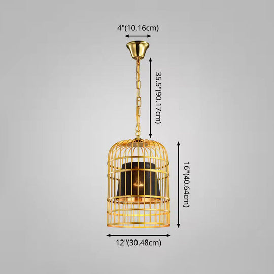 Gold Plated Birdcage Hanging Lamp - Country Metal Ceiling Light with Cone Shade