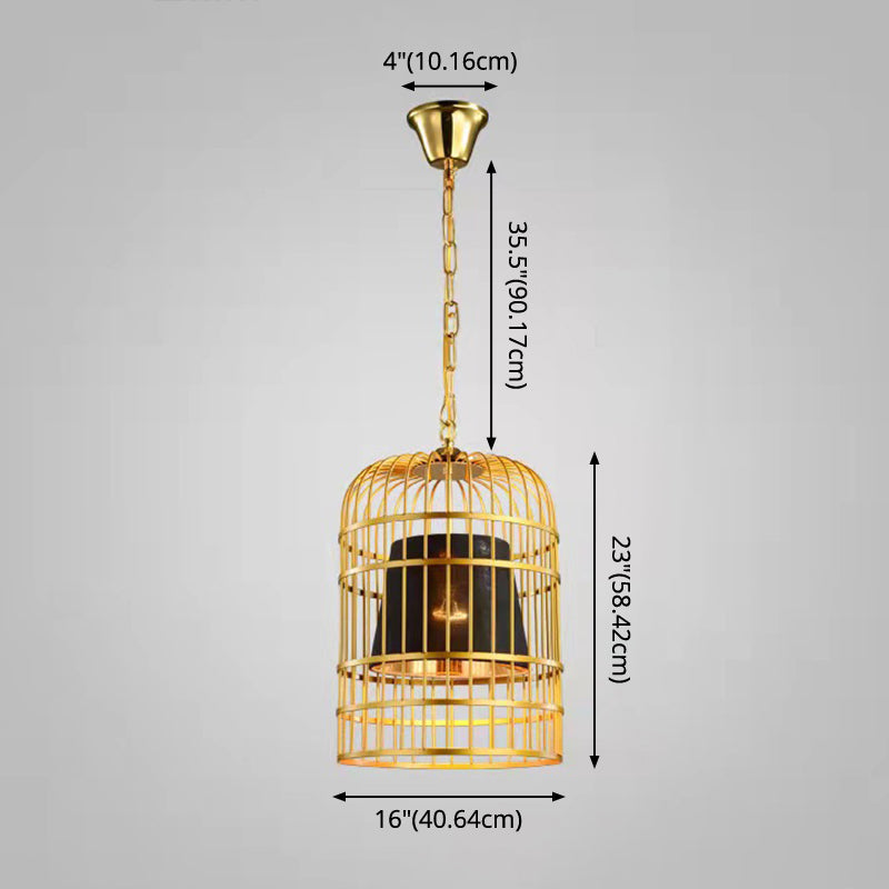 Gold Plated Birdcage Hanging Lamp - Country Metal Ceiling Light with Cone Shade