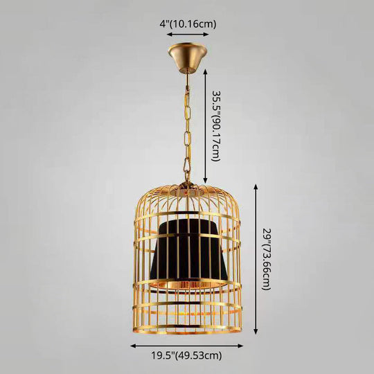 Gold Plated Birdcage Hanging Lamp - Country Metal Ceiling Light with Cone Shade