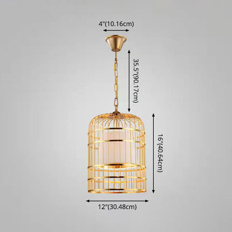 Gold Plated Birdcage Hanging Lamp - Country Metal Ceiling Light with Cone Shade