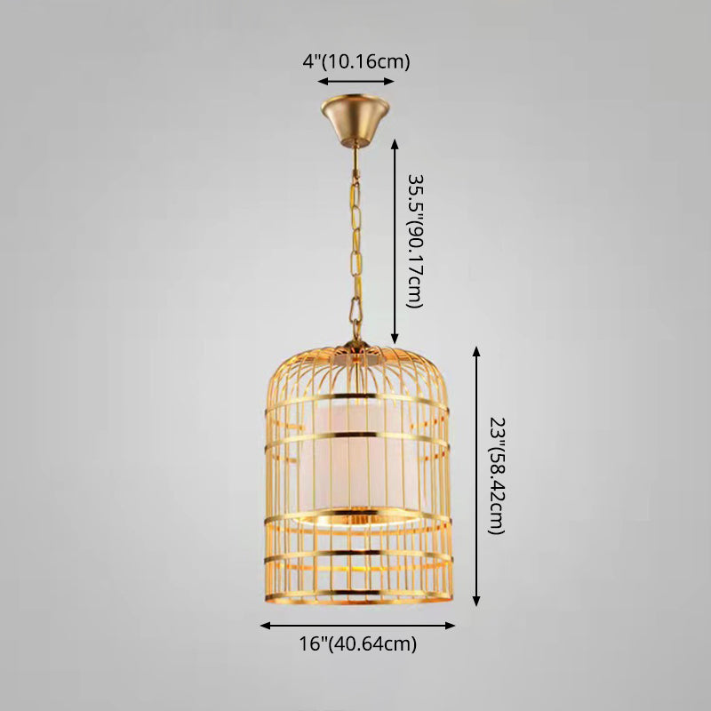 Gold Plated Birdcage Hanging Lamp - Country Metal Ceiling Light with Cone Shade