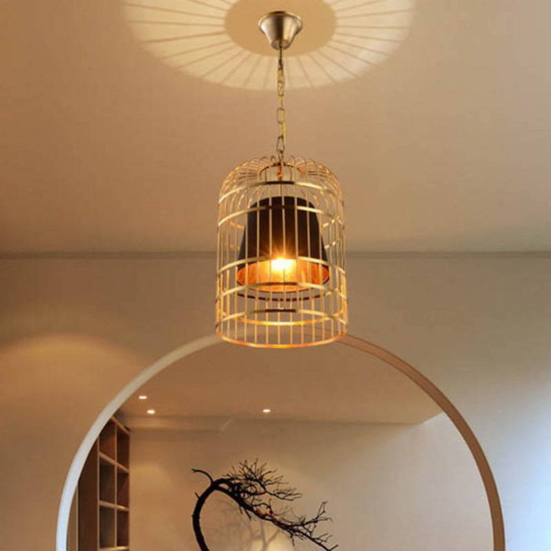 Gold Plated Birdcage Hanging Lamp - Country Metal Ceiling Light with Cone Shade