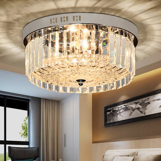 Modernist Crystal 5-Light Drum Flush Mount Lamp for Bedroom - Chrome Finish