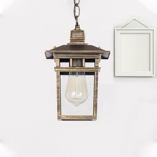 Industrial Lantern Hanging Pendant Lamp - Metal & Clear Glass, 1 Light - Outdoor Porch Lighting in Black/Bronze/Gold