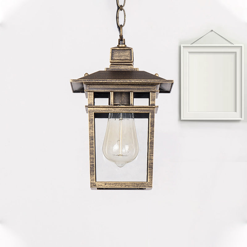 Industrial Lantern Outdoor Pendant Lamp With Metal And Clear Glass - 1 Light In Black/Bronze/Gold