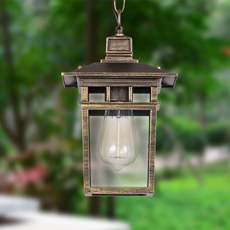 Industrial Lantern Hanging Pendant Lamp - Metal & Clear Glass, 1 Light - Outdoor Porch Lighting in Black/Bronze/Gold