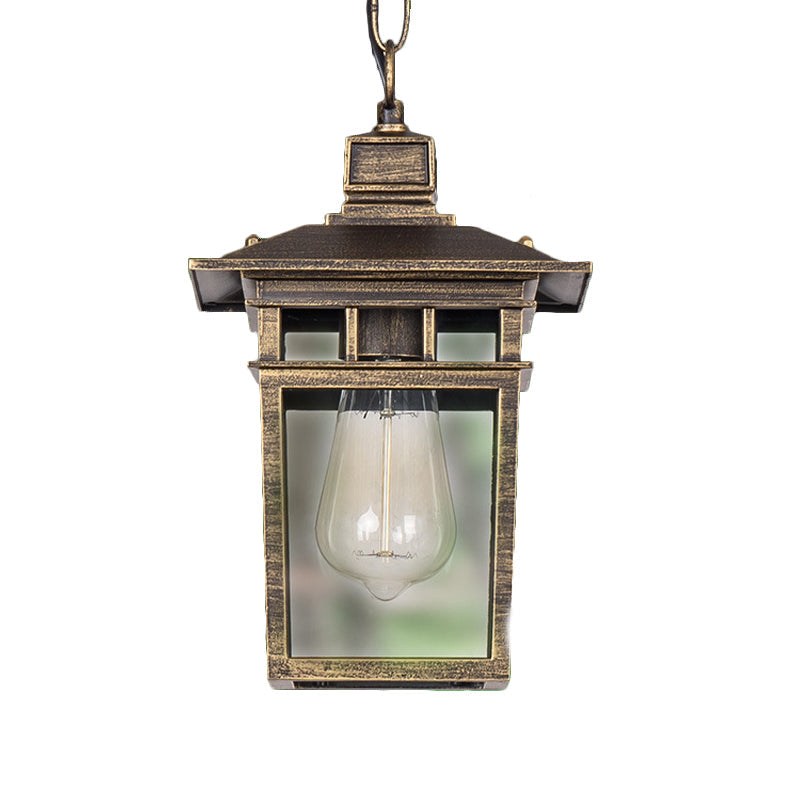 Industrial Lantern Outdoor Pendant Lamp With Metal And Clear Glass - 1 Light In Black/Bronze/Gold