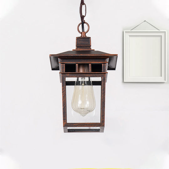 Industrial Lantern Hanging Pendant Lamp - Metal & Clear Glass, 1 Light - Outdoor Porch Lighting in Black/Bronze/Gold