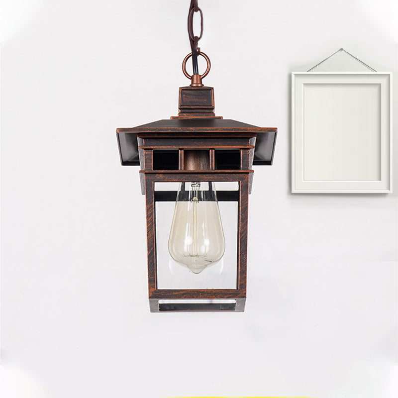 Industrial Lantern Outdoor Pendant Lamp With Metal And Clear Glass - 1 Light In Black/Bronze/Gold