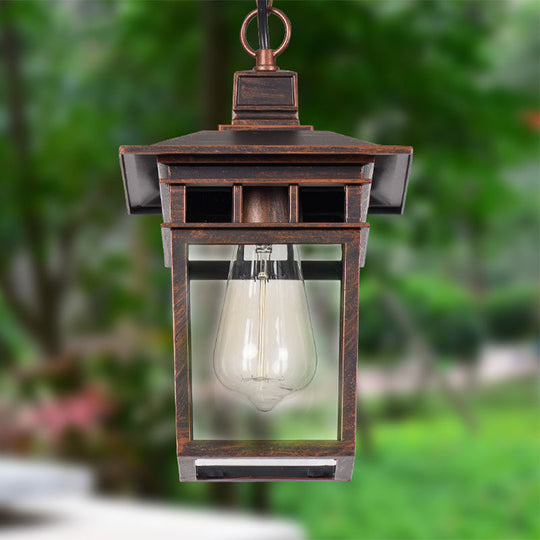 Industrial Lantern Hanging Pendant Lamp - Metal & Clear Glass, 1 Light - Outdoor Porch Lighting in Black/Bronze/Gold