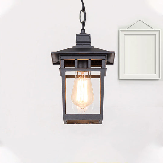 Industrial Lantern Outdoor Pendant Lamp With Metal And Clear Glass - 1 Light In Black/Bronze/Gold