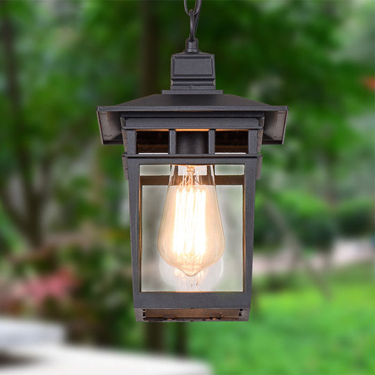 Industrial Lantern Hanging Pendant Lamp - Metal & Clear Glass, 1 Light - Outdoor Porch Lighting in Black/Bronze/Gold