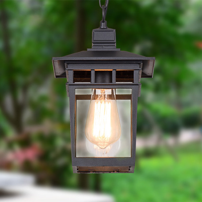 Industrial Lantern Outdoor Pendant Lamp With Metal And Clear Glass - 1 Light In Black/Bronze/Gold