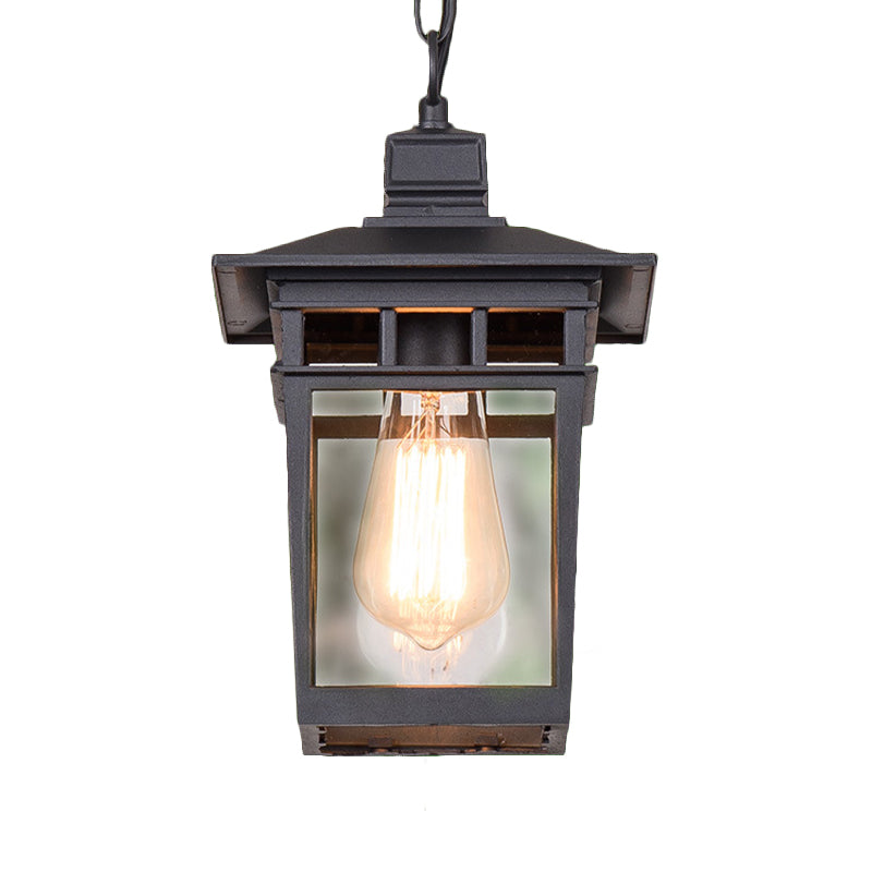 Industrial Lantern Outdoor Pendant Lamp With Metal And Clear Glass - 1 Light In Black/Bronze/Gold