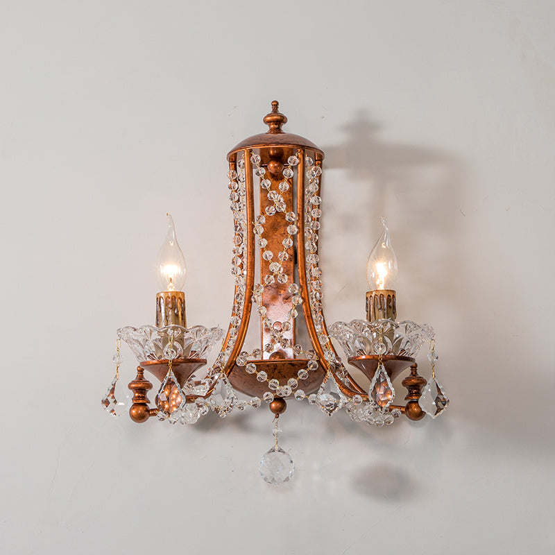 2-Head Weathered Copper Candle Wall Mount Sconce With Crystal Beaded Strand - French Country Light