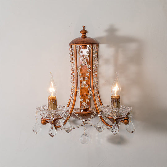 2-Head Weathered Copper Candle Wall Mount Sconce With Crystal Beaded Strand - French Country Light