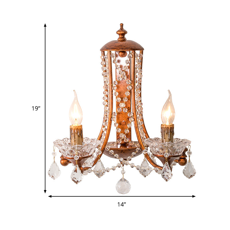 2-Head Weathered Copper Candle Wall Mount Sconce With Crystal Beaded Strand - French Country Light