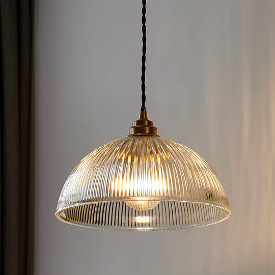 Ribbed Glass Pendant Light - Simplicity Brass Mini Hanging Lamp For Dining Room