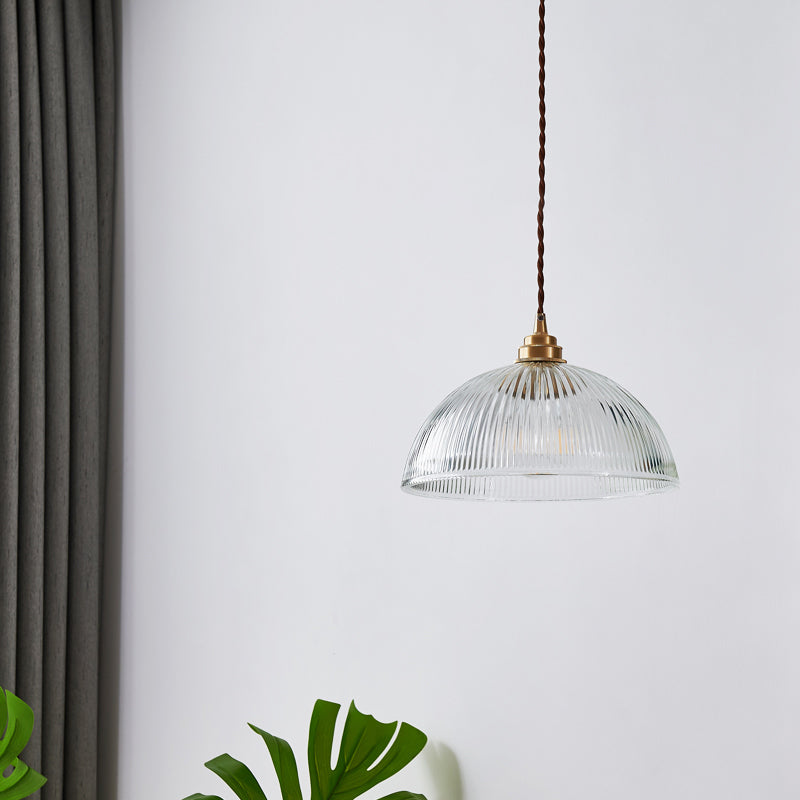 Ribbed Glass Pendant Light - Simplicity Brass Mini Hanging Lamp For Dining Room