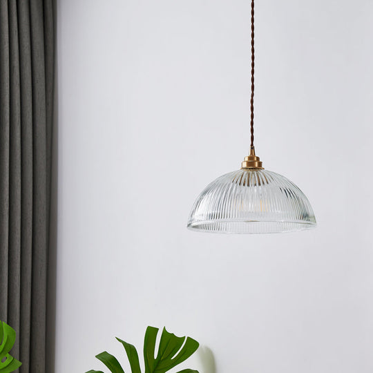 Ribbed Glass Pendant Light - Simplicity Brass Mini Hanging Lamp For Dining Room