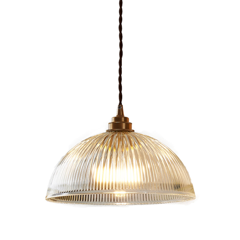 Ribbed Glass Pendant Light - Simplicity Brass Mini Hanging Lamp For Dining Room