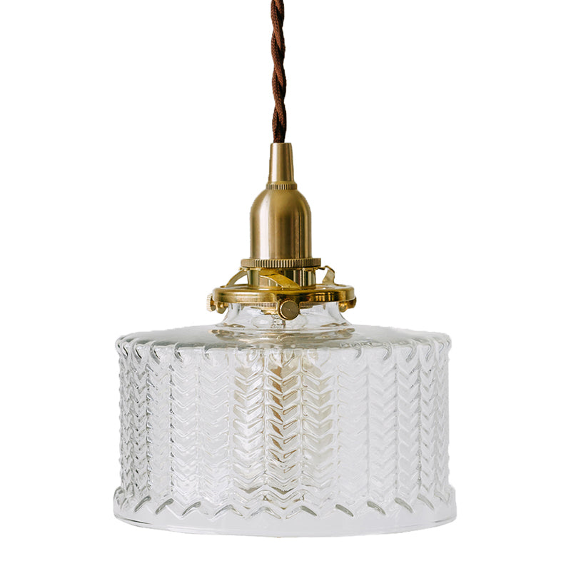 Fish-Bone Glass Hanging Light With Brass Drum Shade - Pendant Lamp For Bedroom & Dining Room