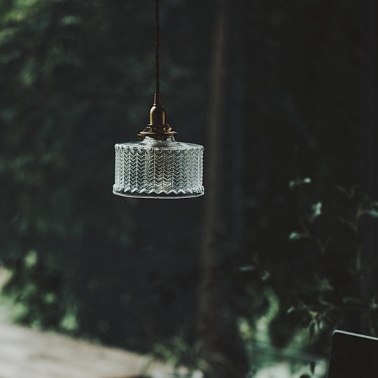 Fish-Bone Glass Hanging Light With Brass Drum Shade - Pendant Lamp For Bedroom & Dining Room