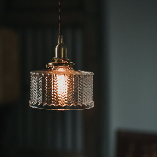 Fish-Bone Glass Hanging Light With Brass Drum Shade - Pendant Lamp For Bedroom & Dining Room