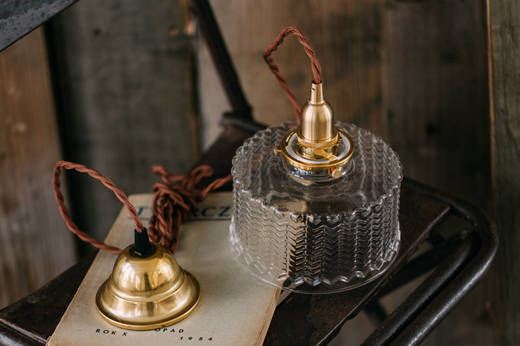 Fish-Bone Glass Hanging Light With Brass Drum Shade - Pendant Lamp For Bedroom & Dining Room