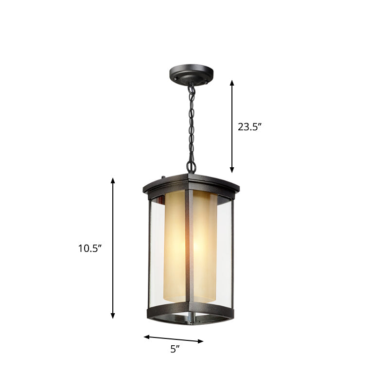 Black Outdoor Pendant Light with Double Glass Shade for Courtyard - 1 Light - Various Widths