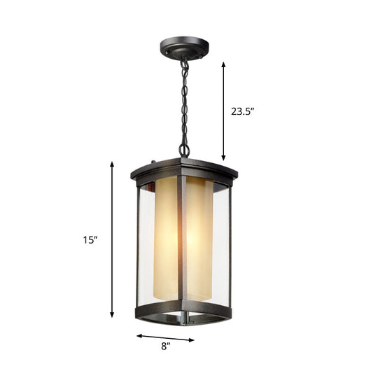 Black Outdoor Pendant Light with Double Glass Shade for Courtyard - 1 Light - Various Widths