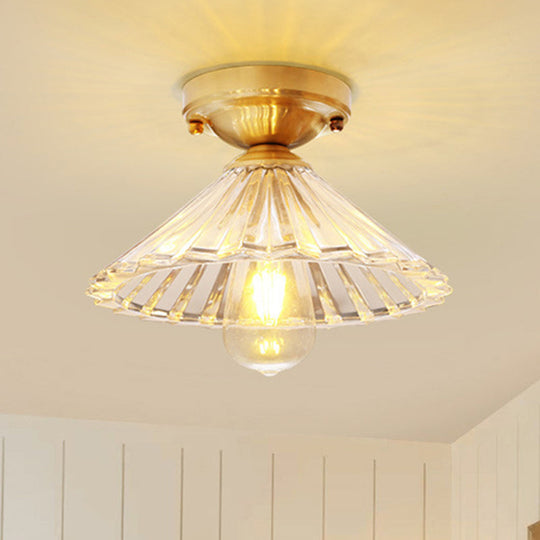 Vintage Brass Cone Flush Mount Lamp with Clear Striped Glass Shade - 1 Light Ceiling Fixture