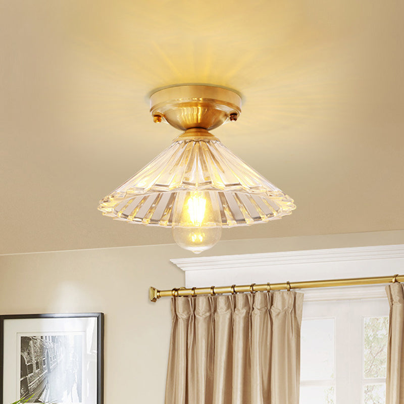 Vintage Brass Cone Flush Mount Lamp with Clear Striped Glass Shade - 1 Light Ceiling Fixture