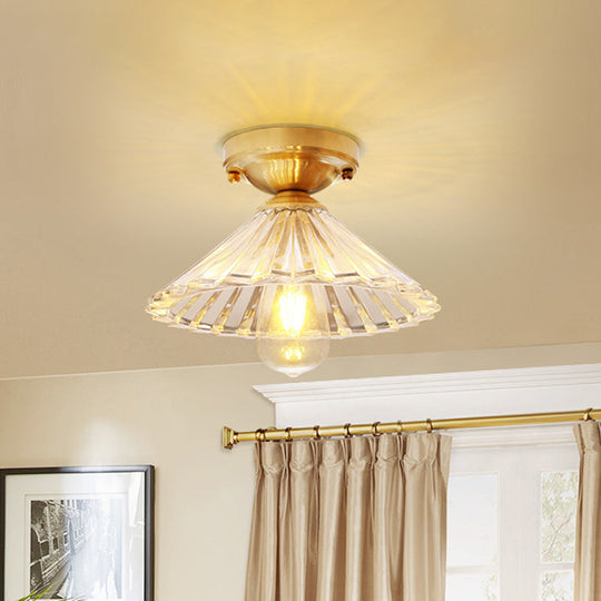 Vintage Brass Cone Flush Mount Lamp with Clear Striped Glass Shade - 1 Light Ceiling Fixture