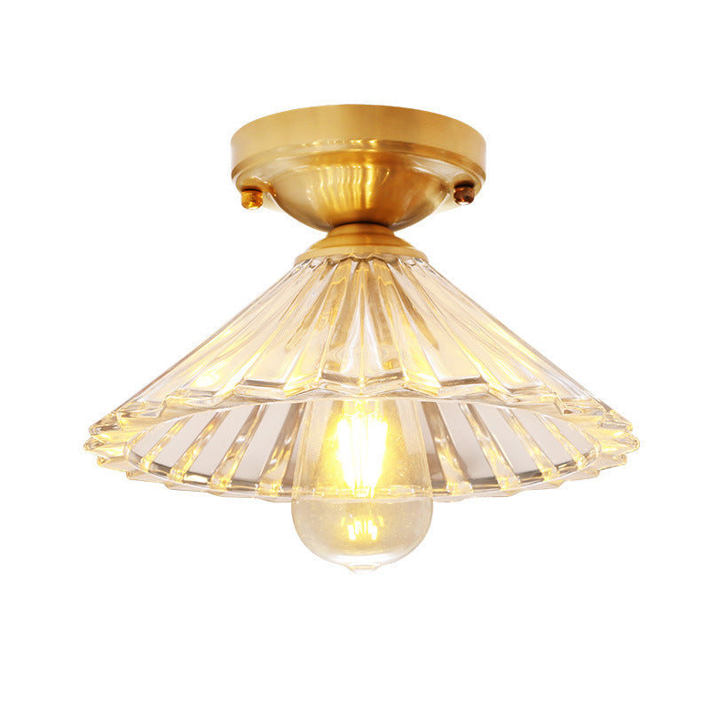 Vintage Brass Cone Flush Mount Lamp with Clear Striped Glass Shade - 1 Light Ceiling Fixture