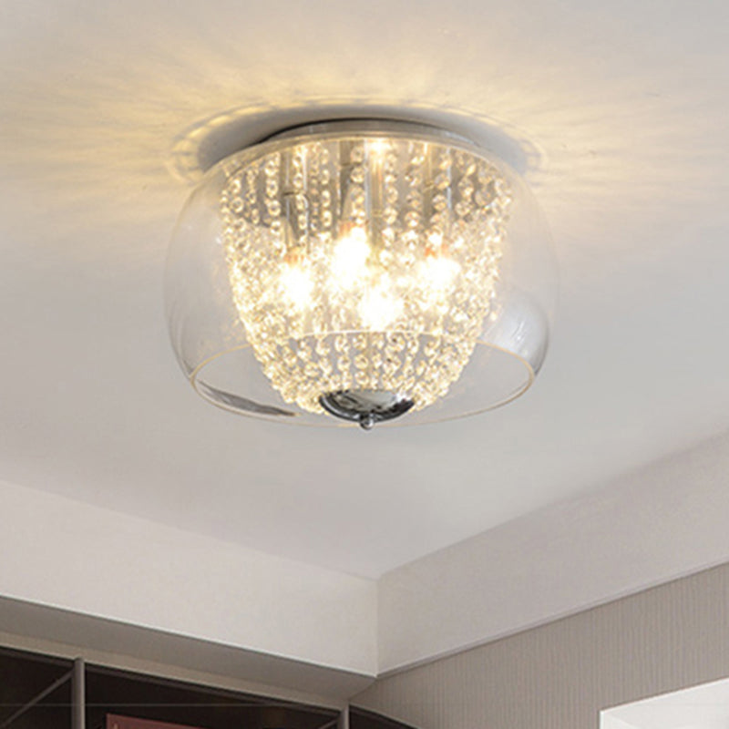 Modern Chrome Ceiling Lamp with Clear Crystal Beaded Strand and 4 Bulbs - Flush Mount Light