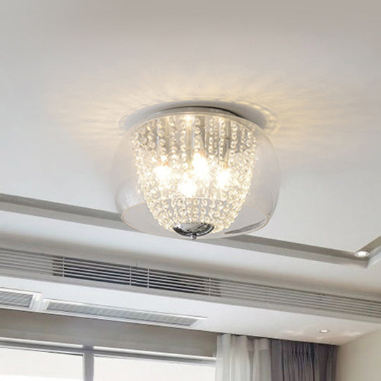 Modern Chrome Ceiling Lamp with Clear Crystal Beaded Strand and 4 Bulbs - Flush Mount Light