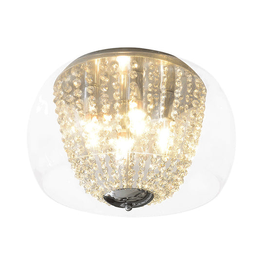 Modern Chrome Ceiling Lamp with Clear Crystal Beaded Strand and 4 Bulbs - Flush Mount Light