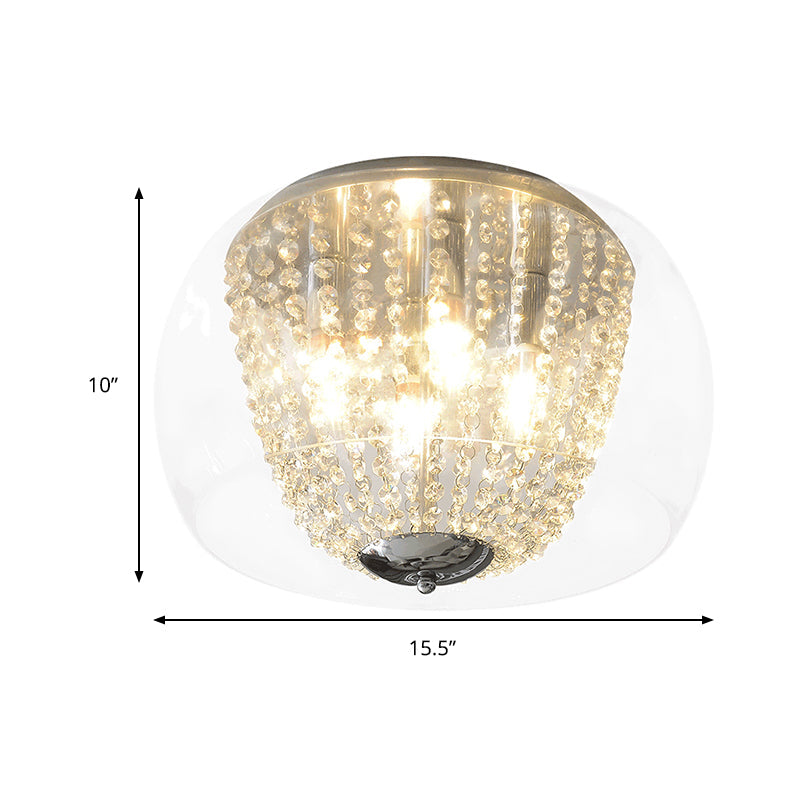 Modern Chrome Ceiling Lamp with Clear Crystal Beaded Strand and 4 Bulbs - Flush Mount Light