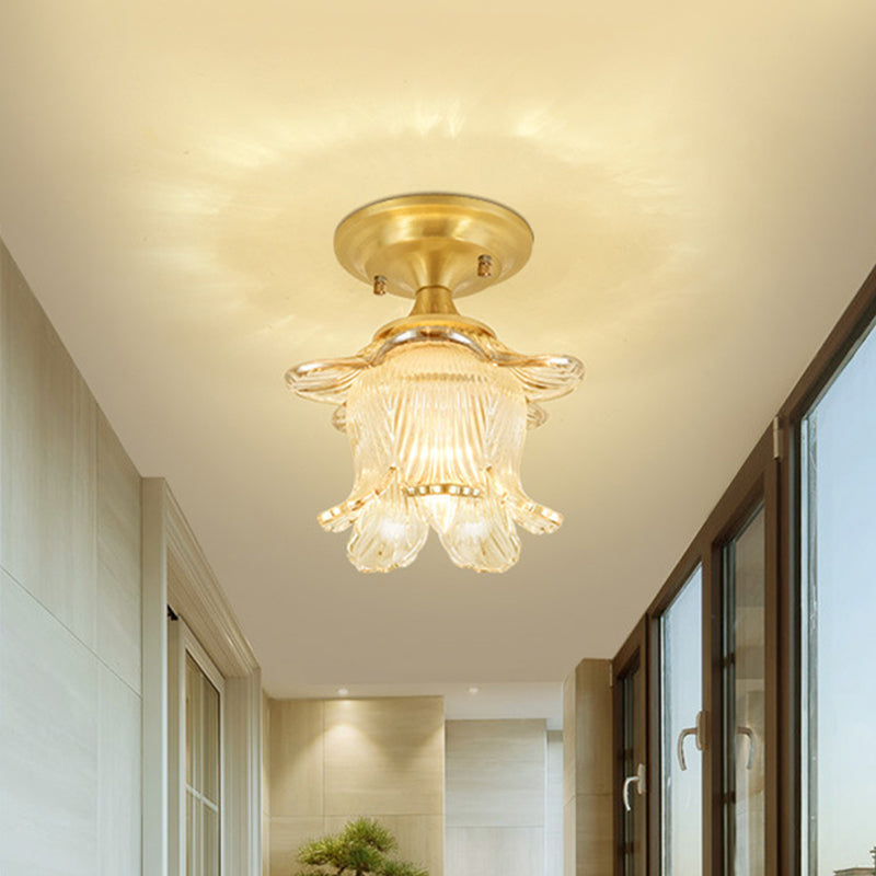 Modern Clear Crystal Floral Ceiling Lamp - 1 Light Brass Finish