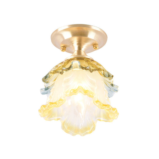 Modern Clear Crystal Floral Ceiling Lamp - 1 Light Brass Finish