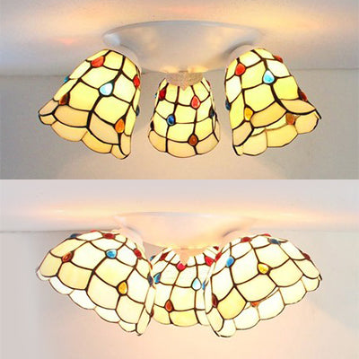 Tiffany Style Domed Ceiling Fixture Stained Glass 3 Lights in Beige - 6"/8" Wide