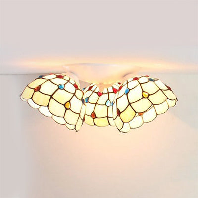 Tiffany Style Domed Ceiling Fixture Stained Glass 3 Lights in Beige - 6"/8" Wide