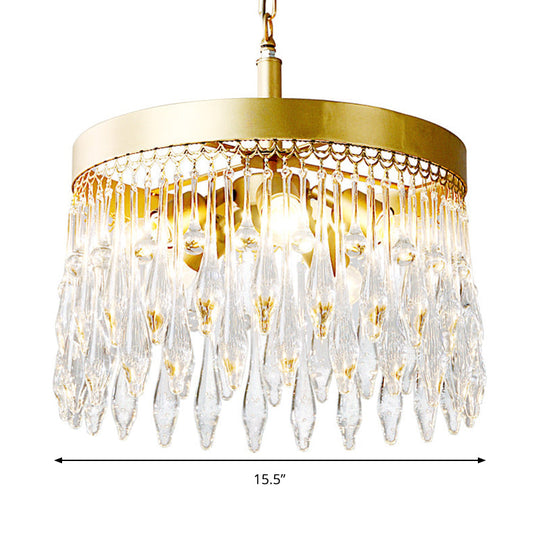 Contemporary Circle Chandelier Pendant Light: 5-Light Brass Fixture With Crystal Teardrop Shade