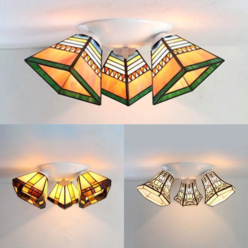 Vintage Stained Glass Geometric Ceiling Light with Wire Mesh, Stripes & Geometric Pattern - 3-Light Flushmount in White