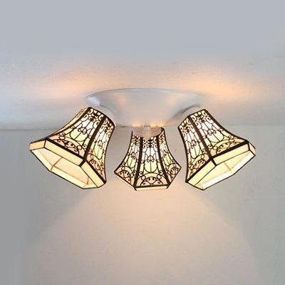 Vintage Stained Glass Geometric Ceiling Light with Wire Mesh, Stripes & Geometric Pattern - 3-Light Flushmount in White